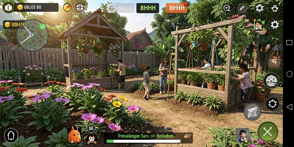 Screenshot gameplay 8HHH menampilkan aktivitas berkebun yang menyenangkan.