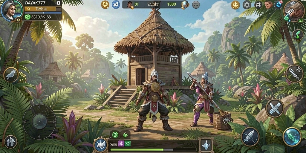 Screenshot utama DAYAK777 menunjukkan pertarungan menara melawan gelombang musuh.