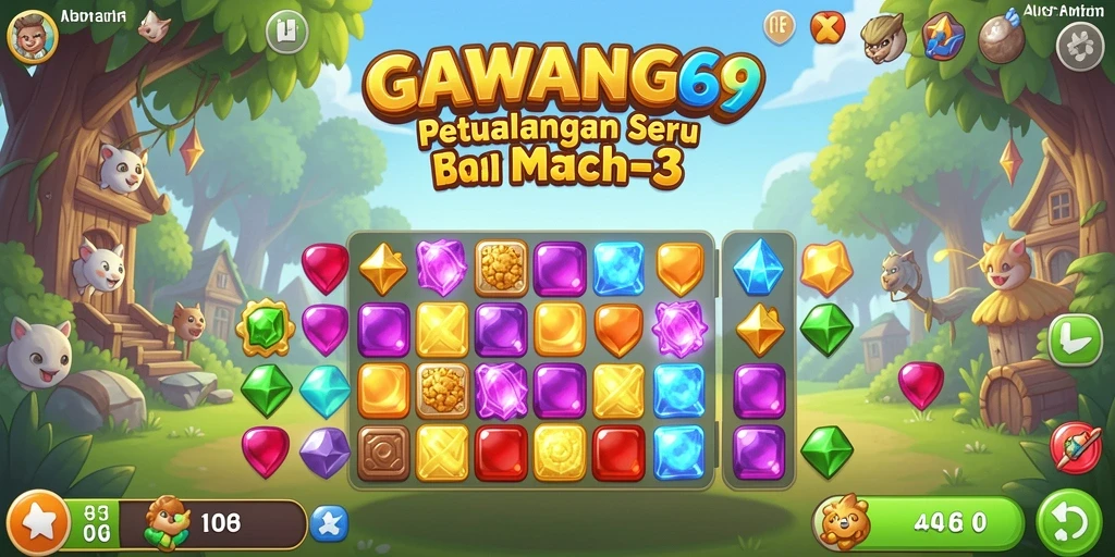 Tampilan utama GAWANG69 menampilkan gameplay seru Match-3 dengan permata berwarna-warni.