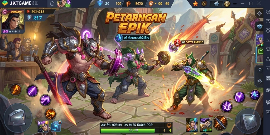 Screenshot gameplay JKTGAME menampilkan aksi seru di arena MOBA.