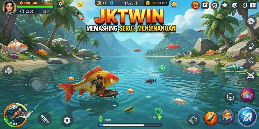 Screenshot utama JKTWIN menampilkan pemain yang sibuk memancing ikan di danau indah.