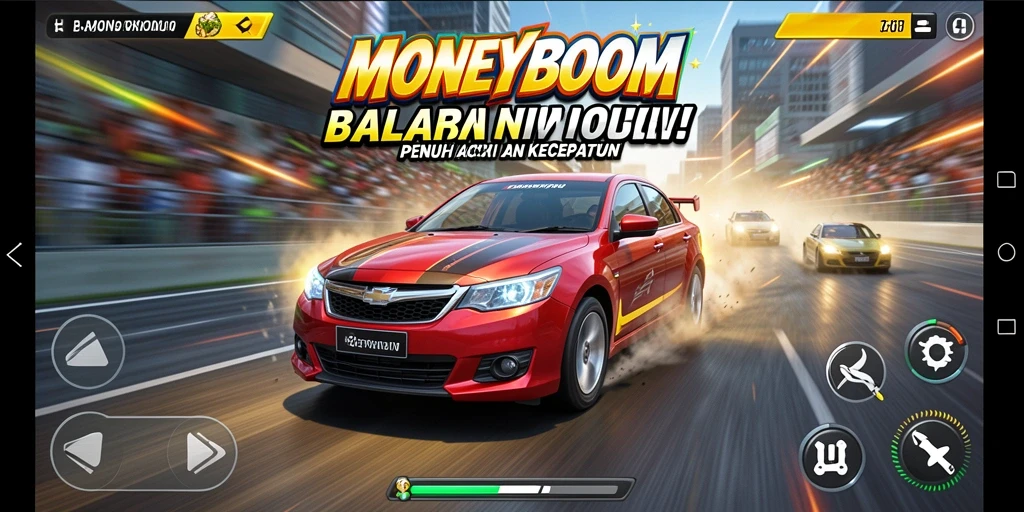 Tangkapan layar menunjukkan mobil balap dalam aksi mendebarkan di lintasan.