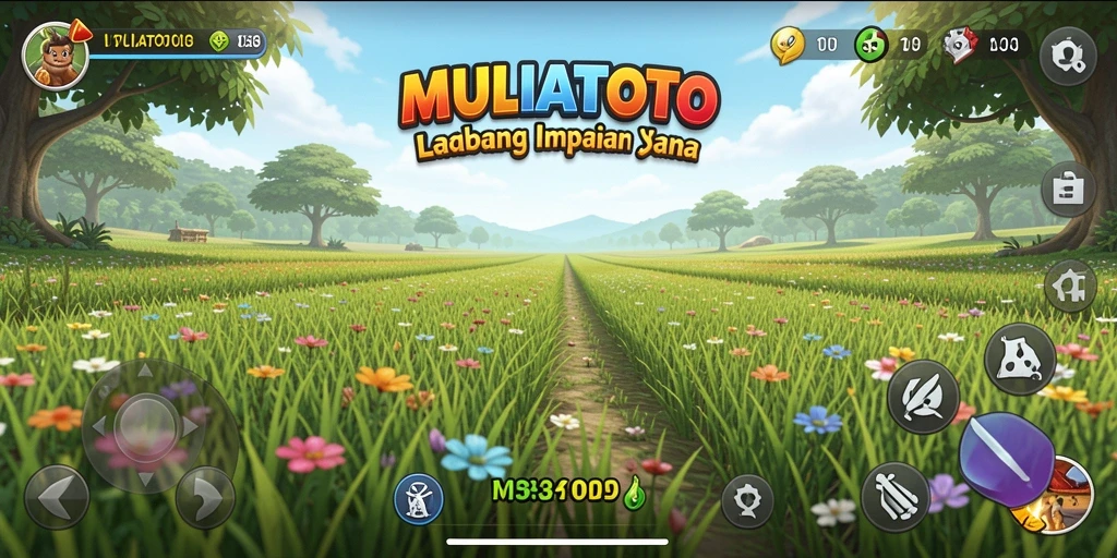 Tampilan gameplay MULIATOTO dengan ladang yang subur dan hewan yang beragam.