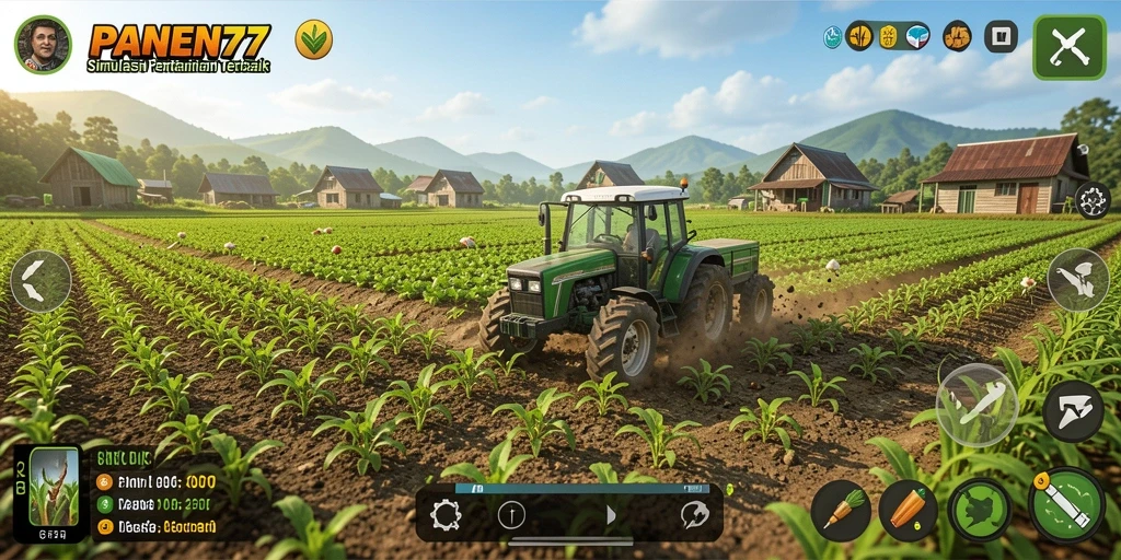 Tampilan gameplay PANEN77 menampilkan suasana pertanian yang cerah dan interaktif.