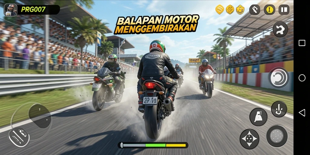 Screenshot gameplay <strong>PRG007</strong> yang menampilkan aksi balapan motor yang seru.