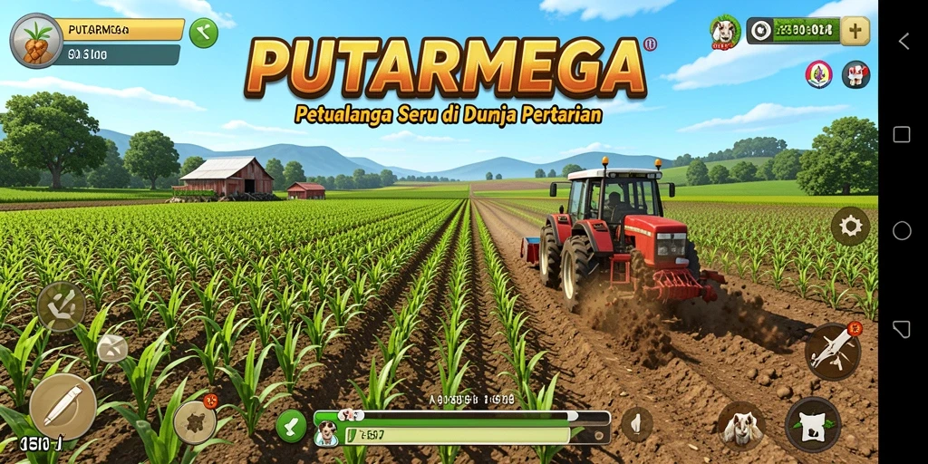 Screenshot utama gameplay PUTARMEGA menampilkan aktivitas pertanian yang seru.