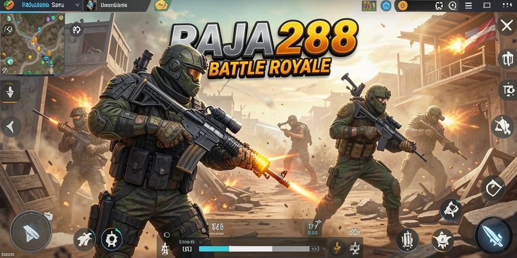Tampilan seru pertempuran di dunia <strong>RAJA288</strong> Battle Royale.
