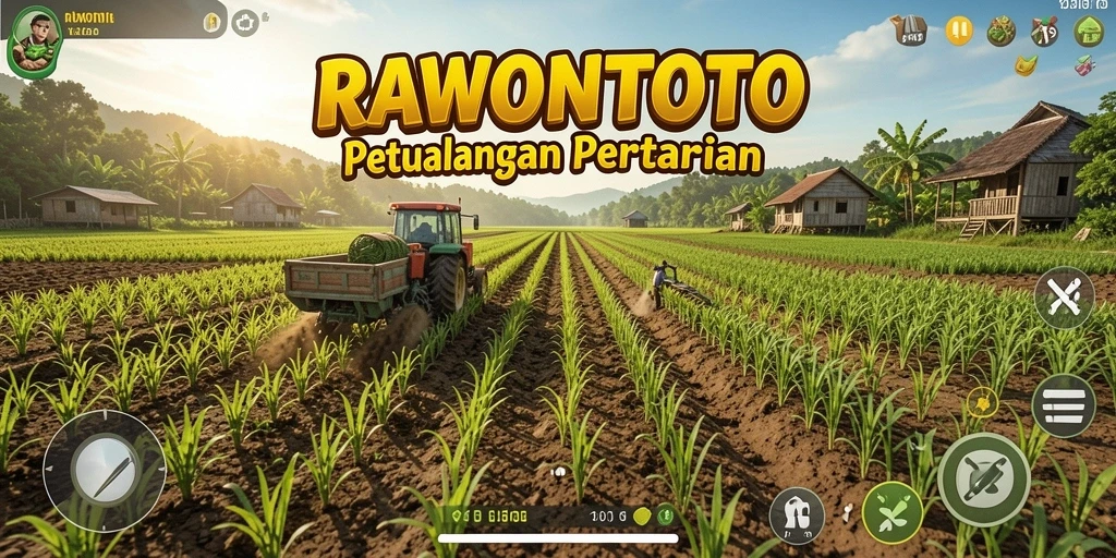 Tangkapan layar gameplay RAWONTOTO menampilkan aktivitas bertani yang menarik.