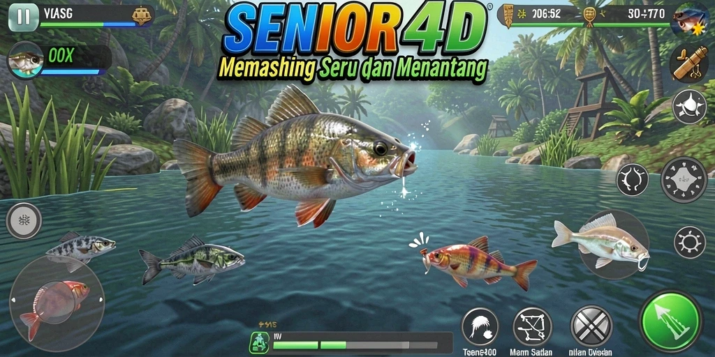 Tampilan gameplay SENIOR4D dengan aksi memancing yang seru dan menantang.