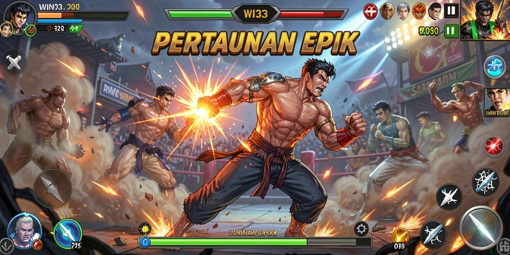 Tangkapan layar menunjukkan pertarungan seru antar karakter di WIN33.